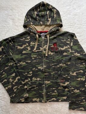 Harley Davidson vintage camo embroidered bejeweled full zip hoodie